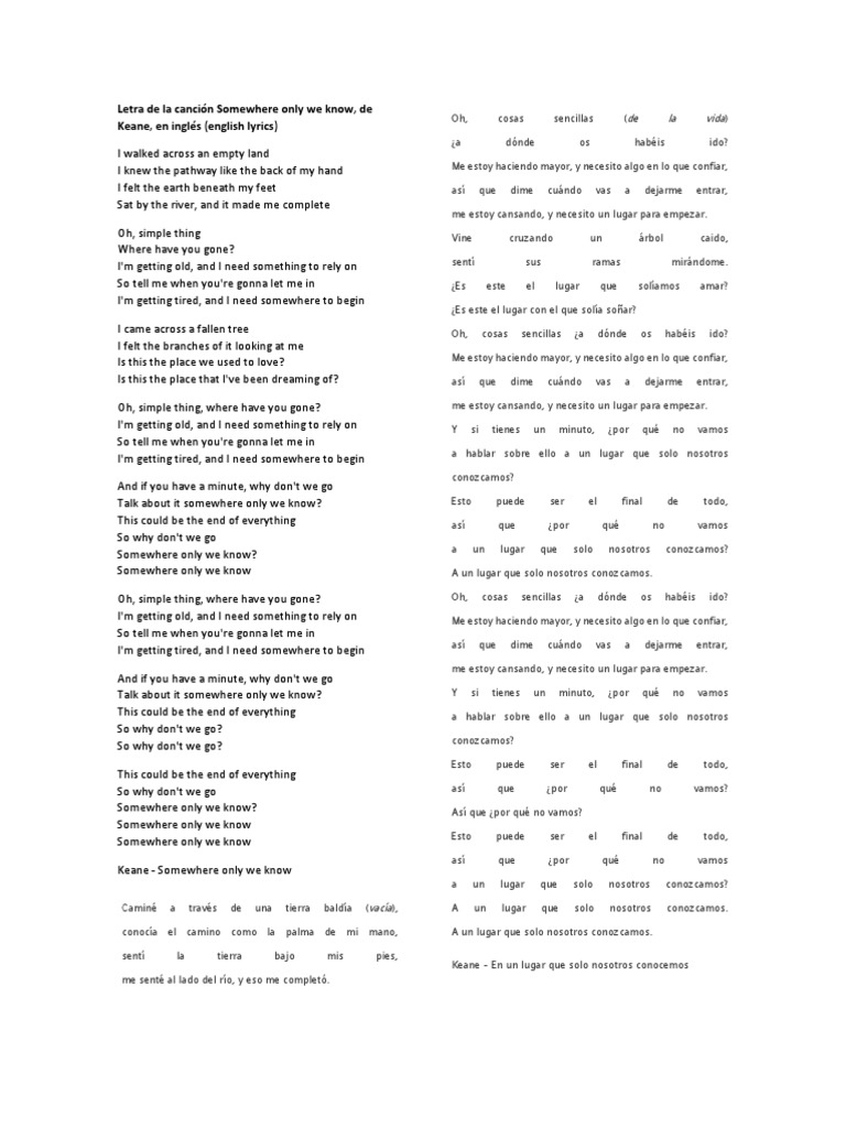 Letra de La Canción Somewhere Only We Know | PDF