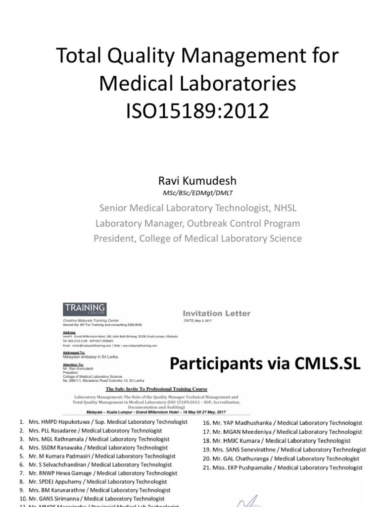 Total Quality Management For Medical Labs, ISO 15189:2012 - Ravi ...