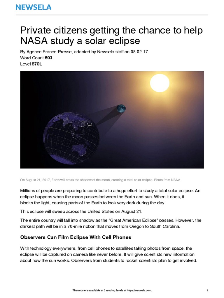 Newsela Passage PDF Solar Eclipse Nasa