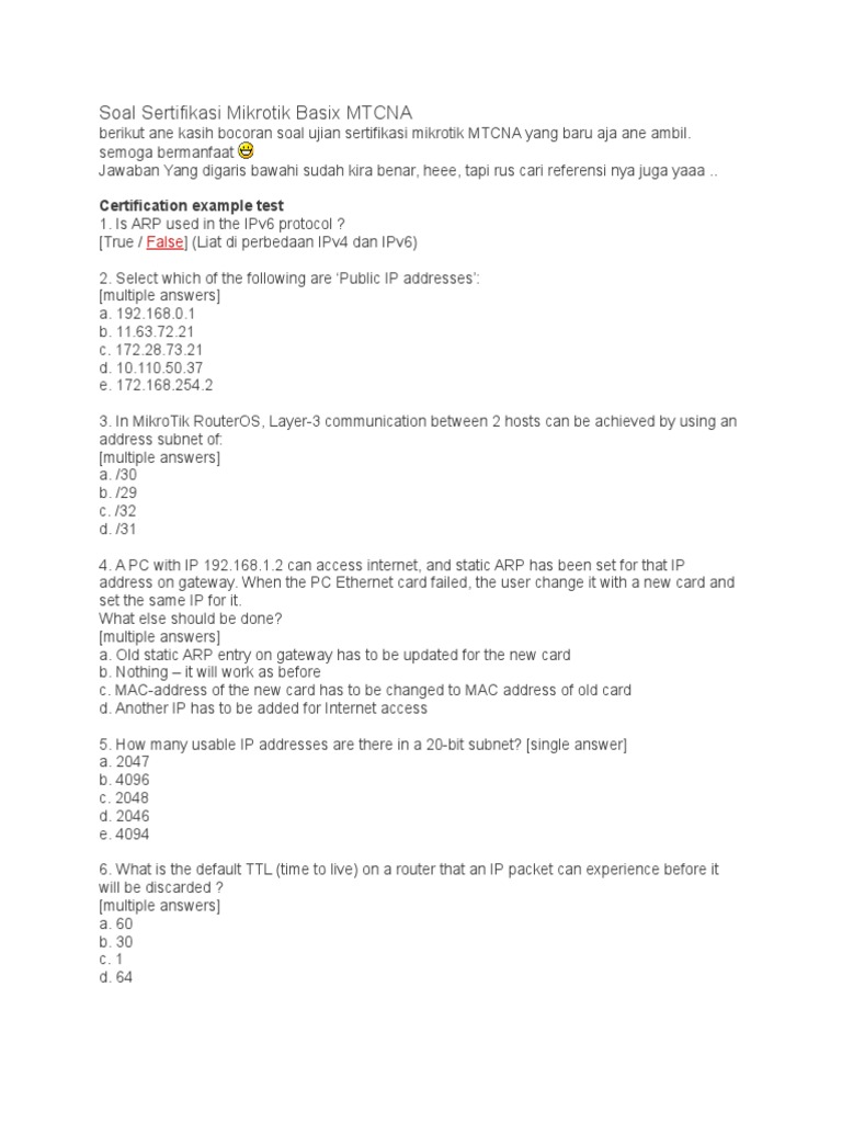 Soal Sertifikasi Mikrotik Basix MTCNA: Contoh Soal Ujian Sertifikasi ...