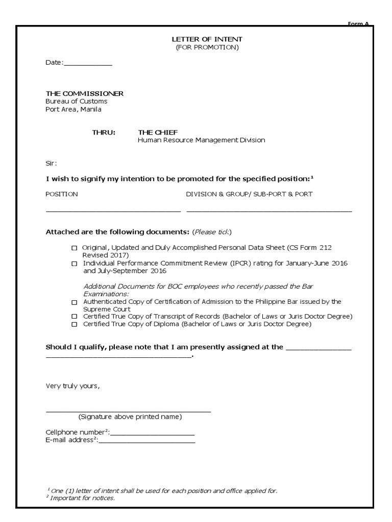 Letter of Intent for Promotion BOC | PDF