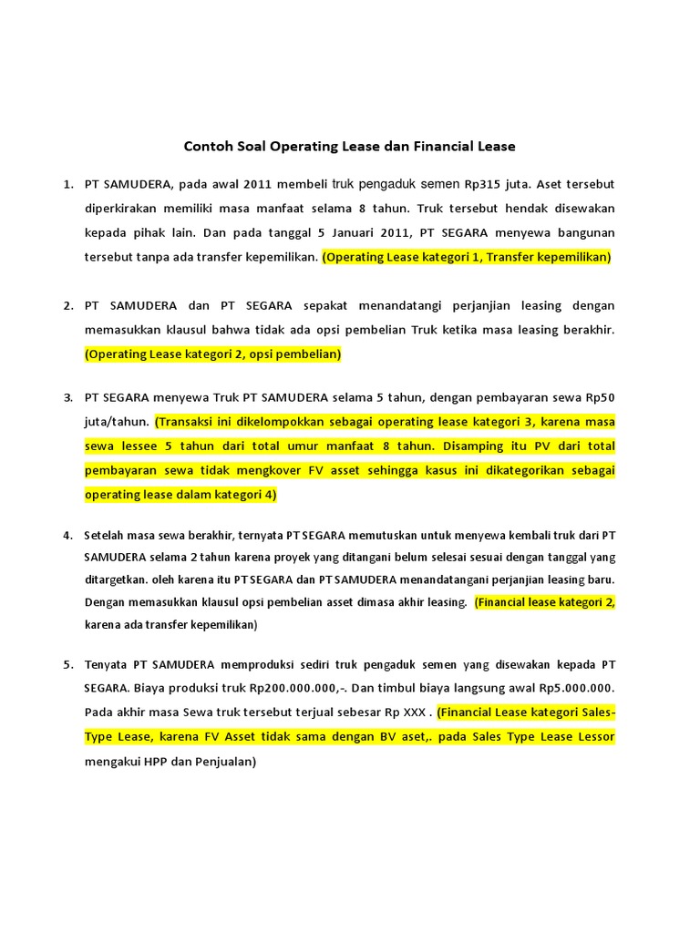 Contoh Soal Operating Lease Dan Financial Lease