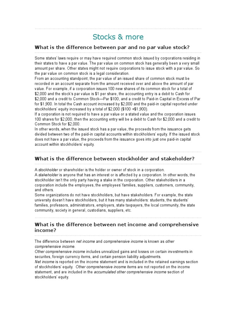 Stocks & More What Is The Difference Between Par and No Par Value