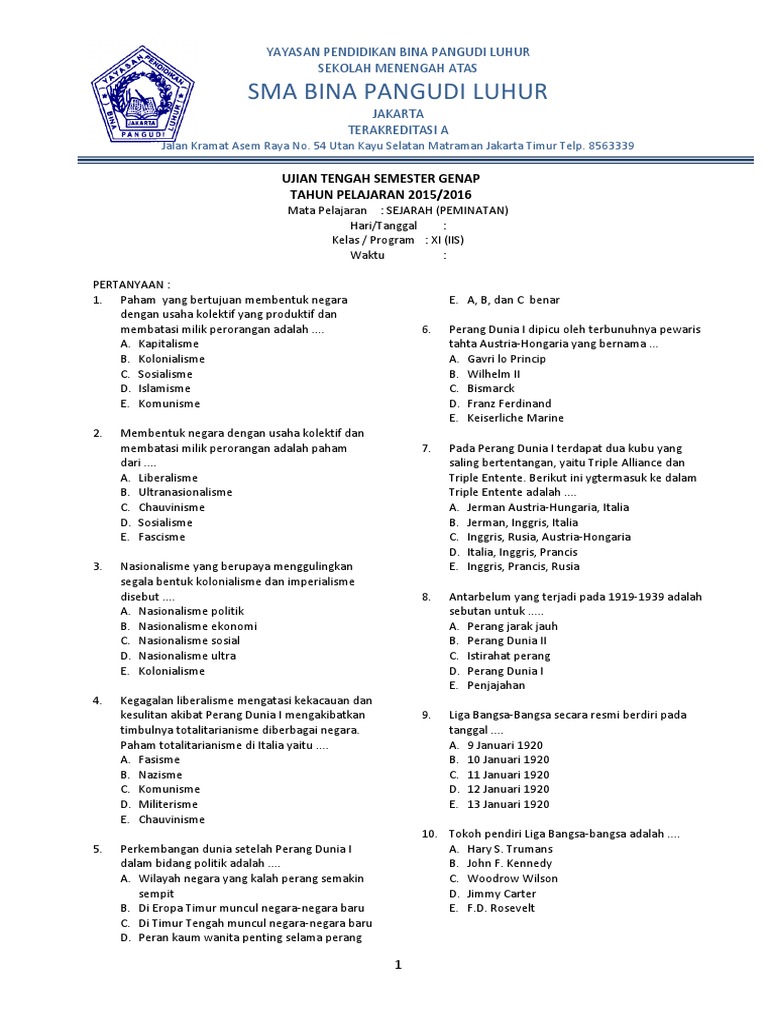 Soal Uts Sejarah Peminatan Kelas Xi Pdf