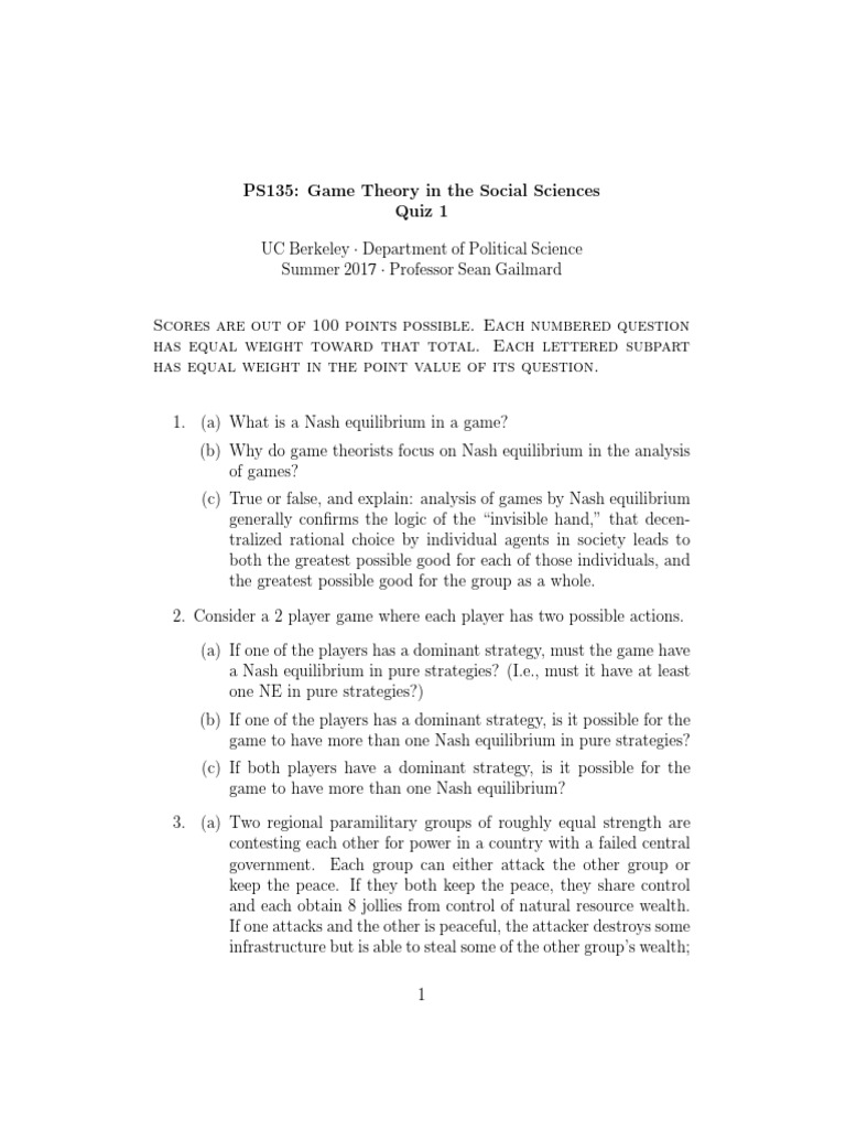 Quiz 1 - PSW135 Game Theory in The Social Sciences PDF | PDF | Game ...