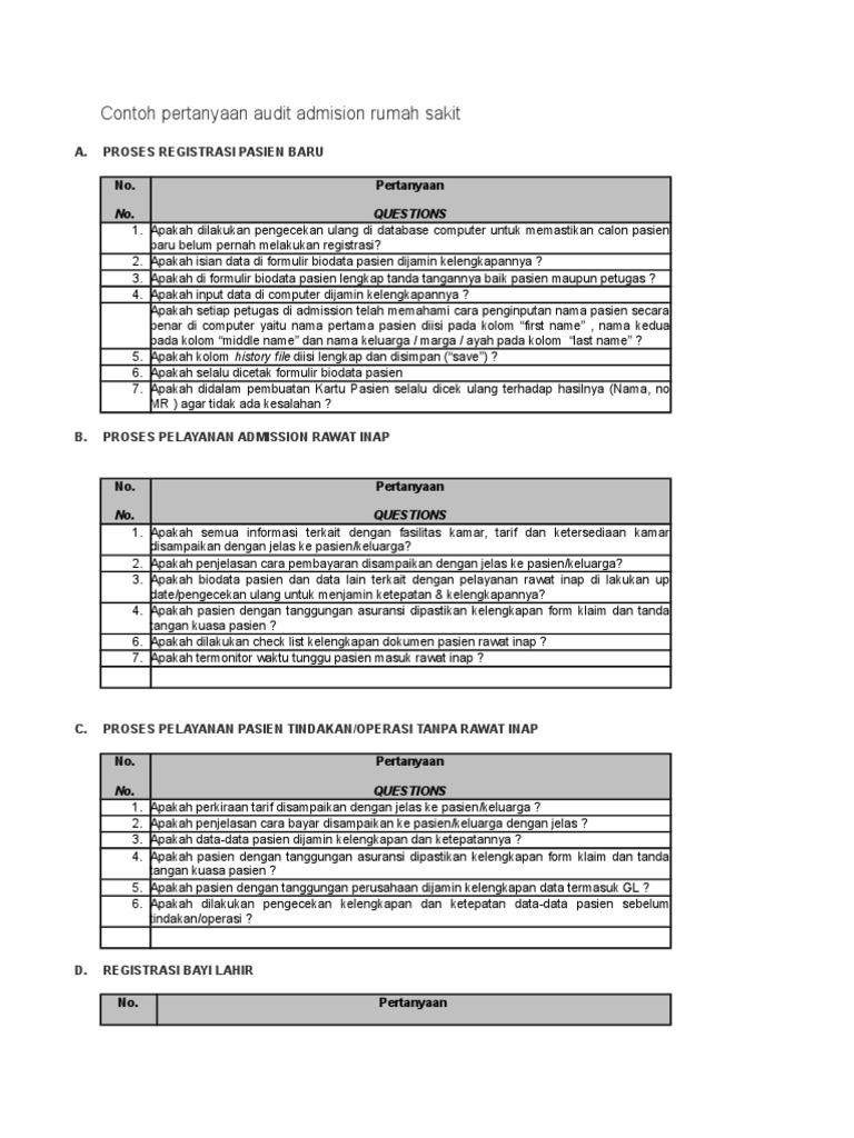 Contoh Pertanyaan Audit Admision Rumah Sakit