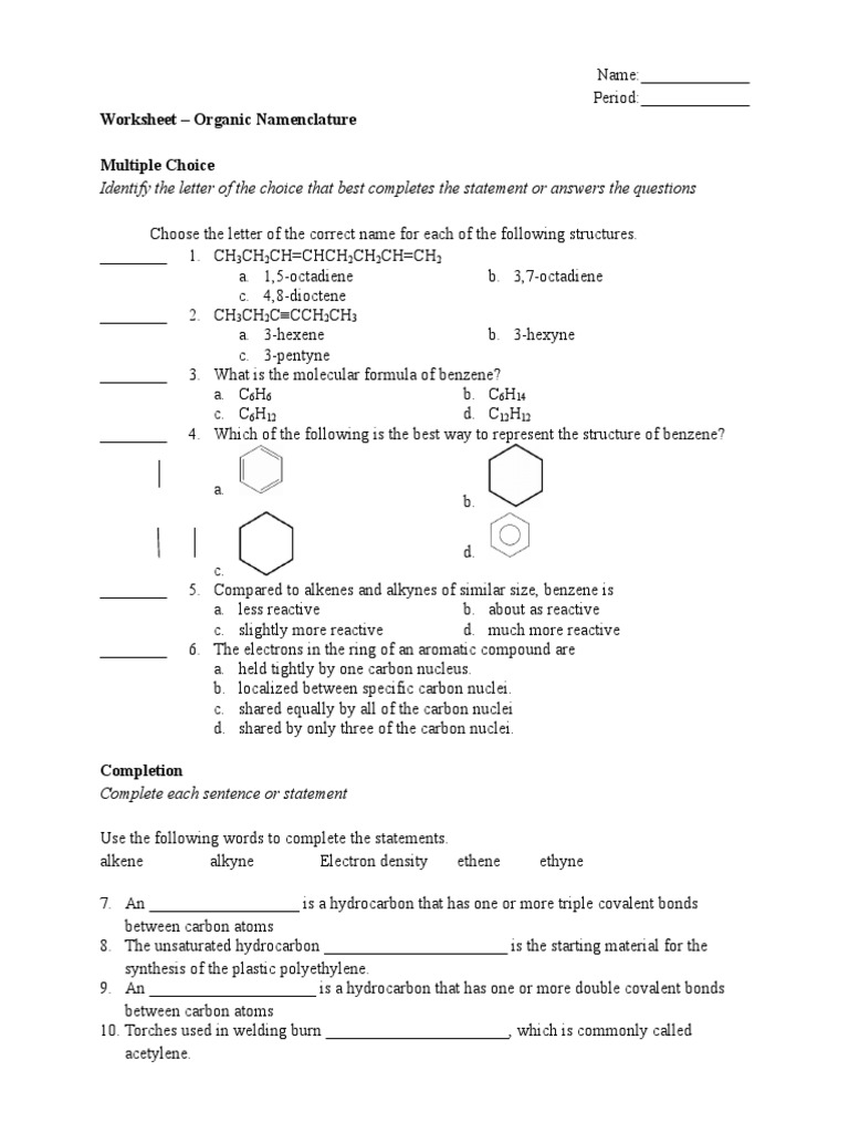 Worksheet Naming Alkene Hydrocarbons