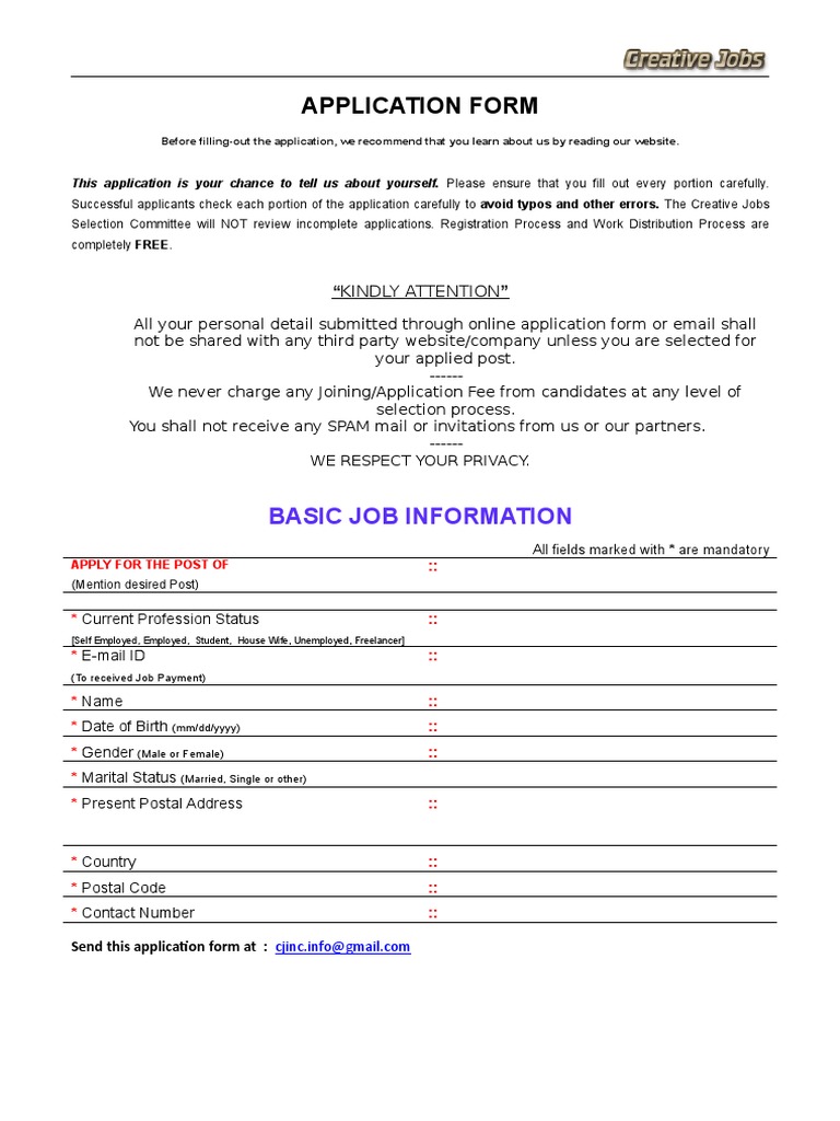 Creative Jobs Application Form | PDF