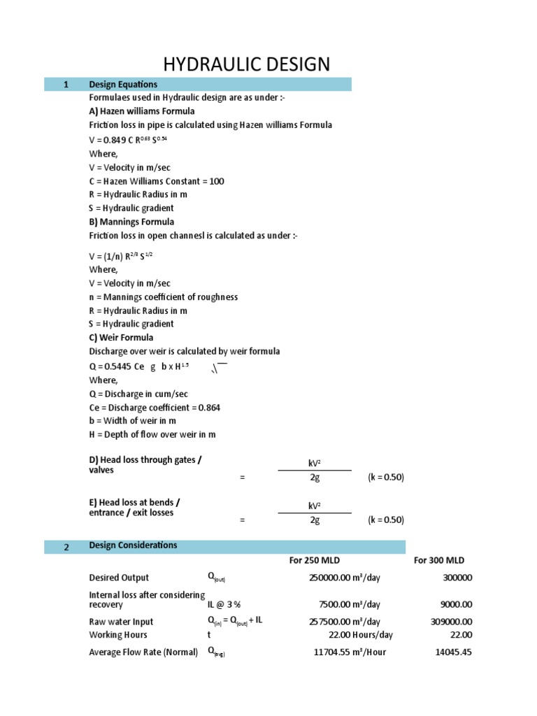 WTP Hydraulic Calculation PDF Hydraulics Continuum Mechanics