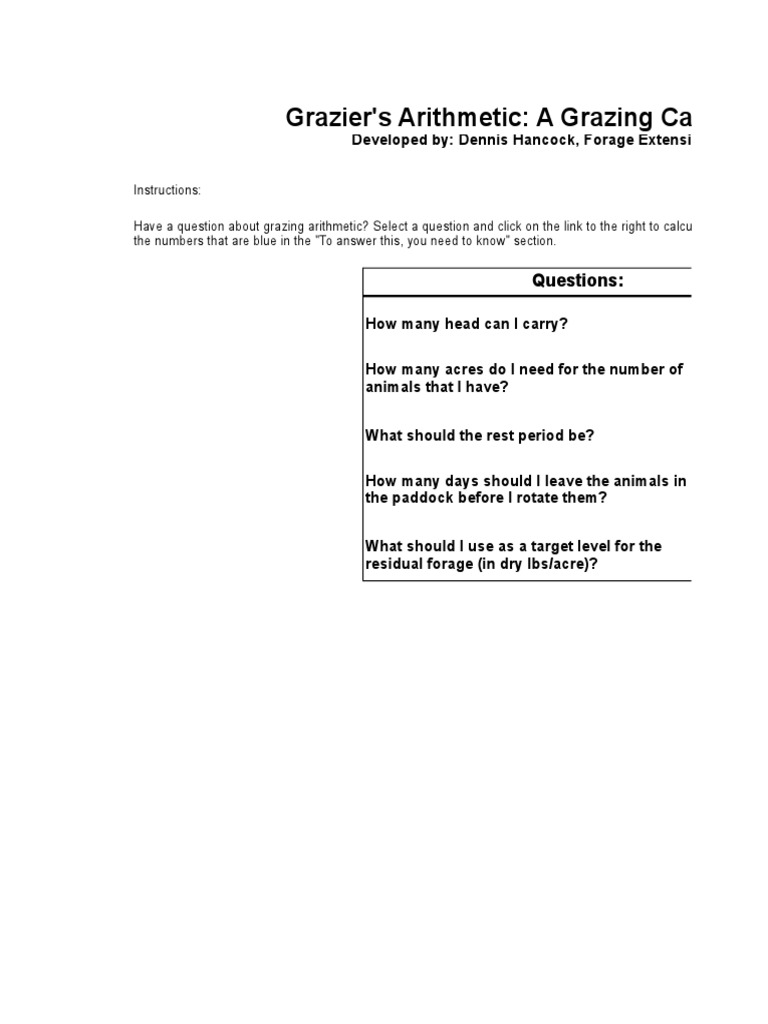 Grazier's Arithmetic A Grazing Calculator PDF Grazing Natural