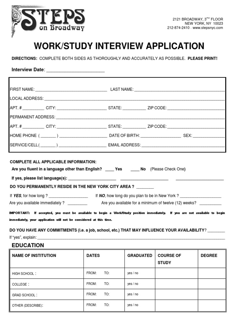 Work Study Application PDF Further Education Business