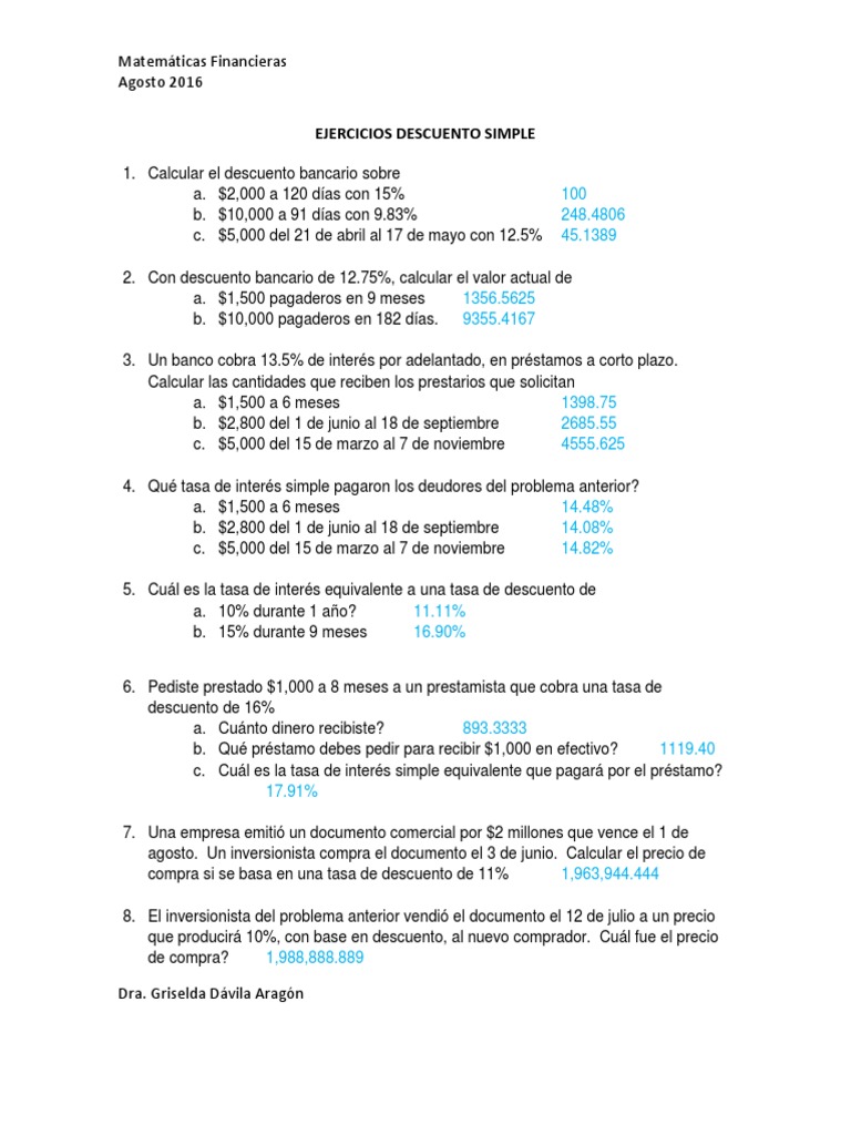 Ejercicios de Descuento Simple Resueltos | PDF | Tasas de interés | Bancos