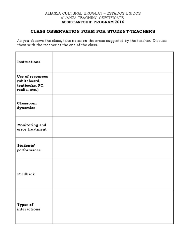 Class Observation Form For StudentTeachers 2016 PDF