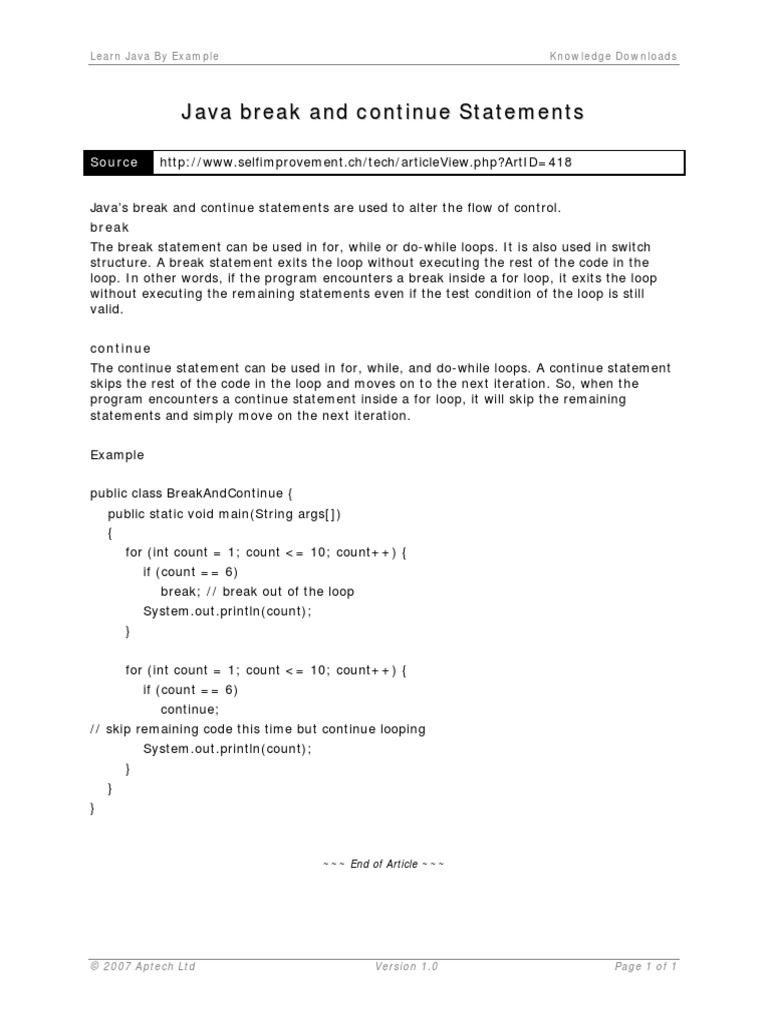 Java Break and Continue | PDF | Control Flow | Computer Engineering