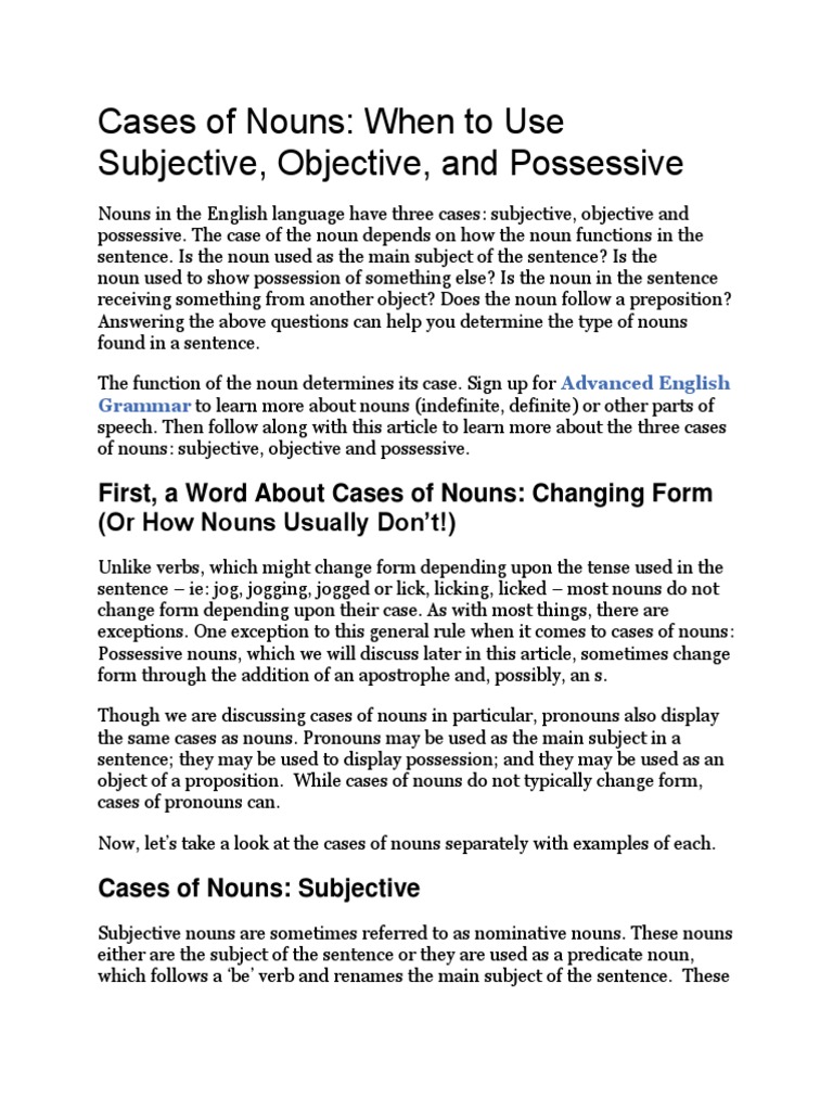 Cases of Noun Noun Object (Grammar)