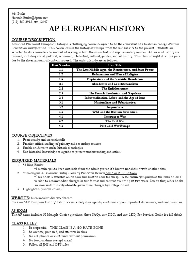 Ap Euro Syllabus | PDF | Advanced Placement | Homework