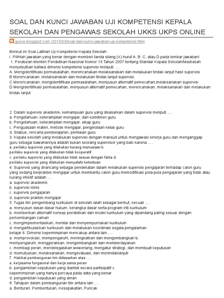 Soal Dan Kunci Jawaban Uji Kompetensi Kepala Sekolah Dan Pengawas Sekolah Ukks Ukps Online Serba Serbi Guru