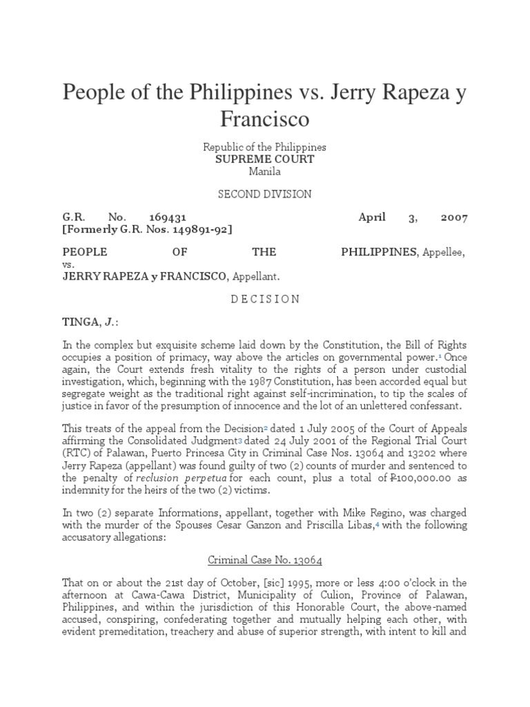 Supreme Court Ruling on Rapeza Murder Case | PDF | Miranda Warning ...