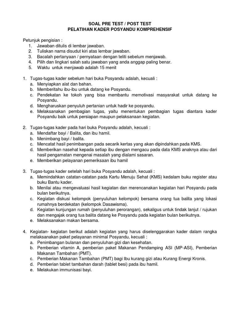 Soal Pre Test Kader Posyandu 2024 | PDF | Kesehatan Holistik | Sains ...