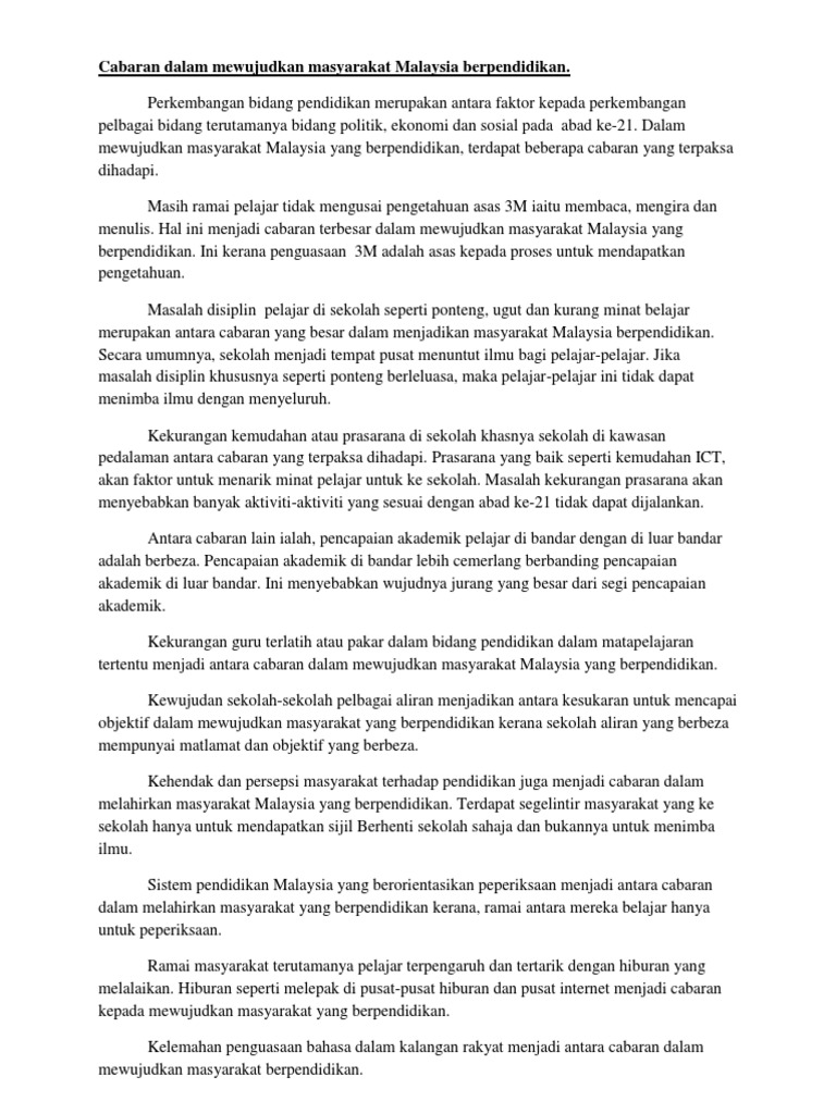 Cabaran Dalam Mewujudkan Masyarakat Malaysia Berpendidikan  PDF