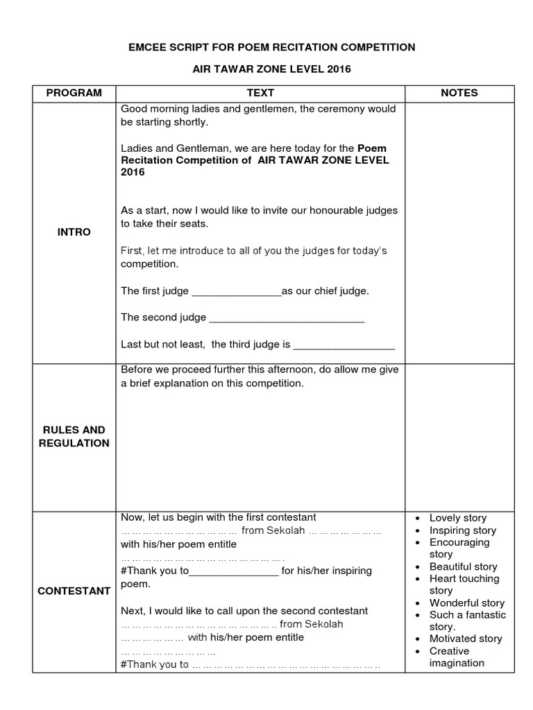 Poem Recitation Competition Script | PDF | Leisure