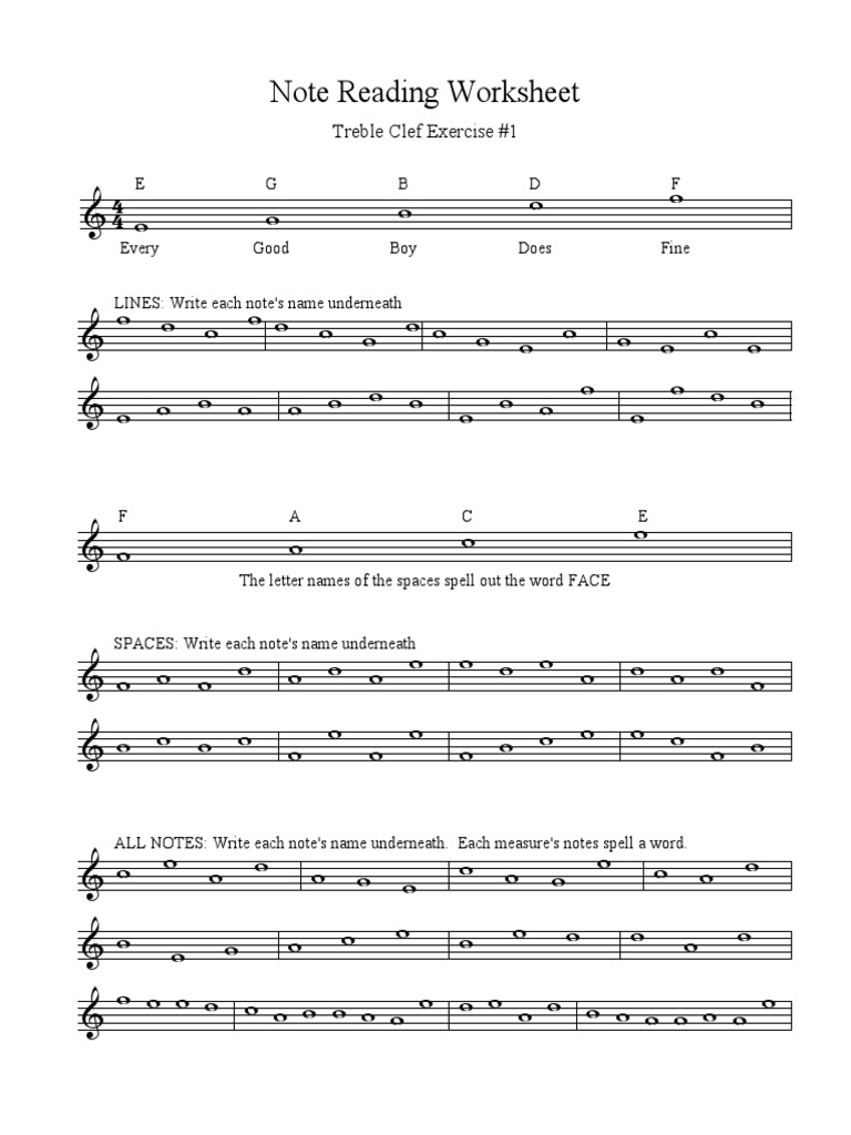 Treble Clef Note Reading Packet PDF Intended For Treble Clef Notes Worksheet