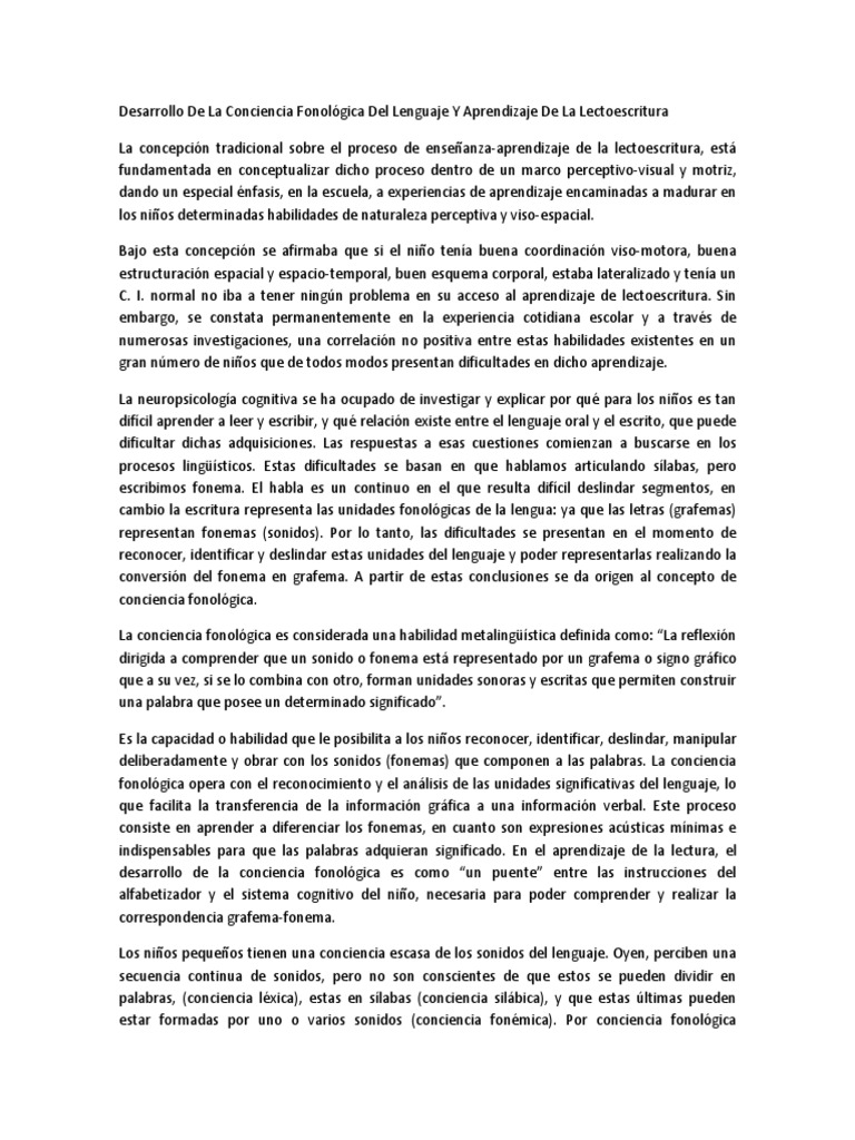 Desarrollo de La Conciencia Fonológica Del Lenguaje Y Aprendizaje de La ...