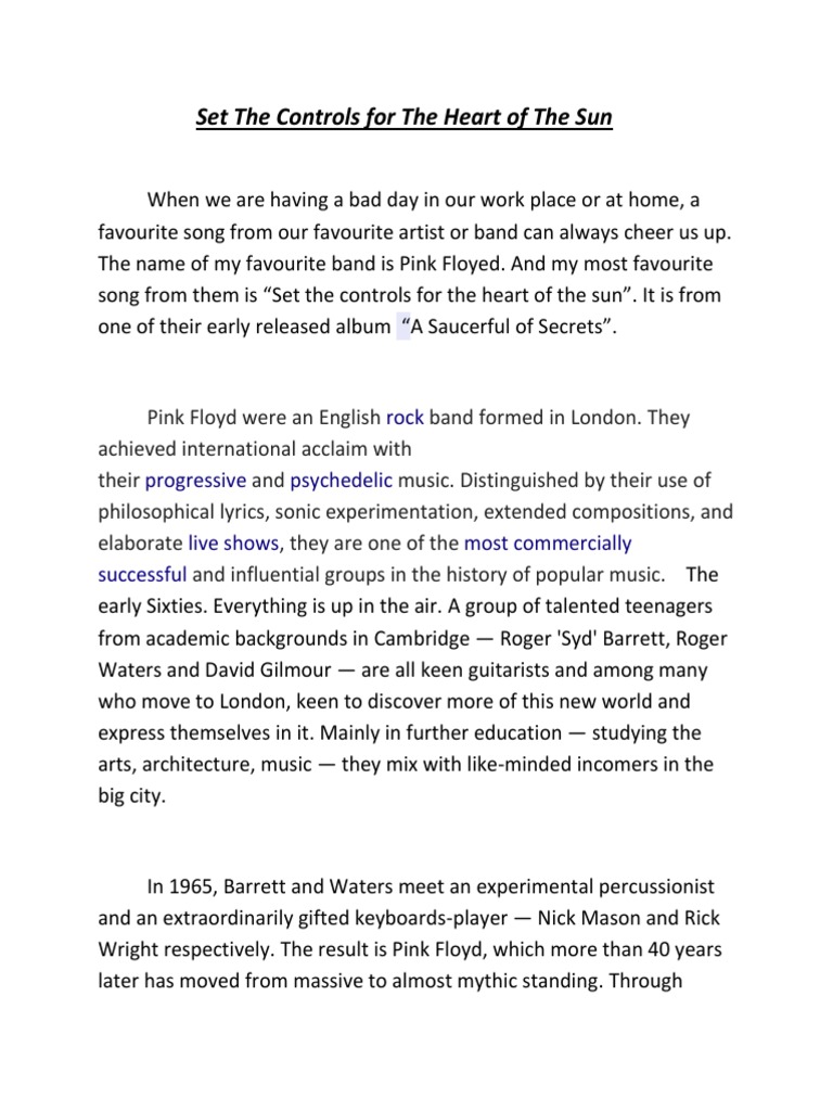 Set The Controls For The Heart of The Sun PDF Rock Music Popular