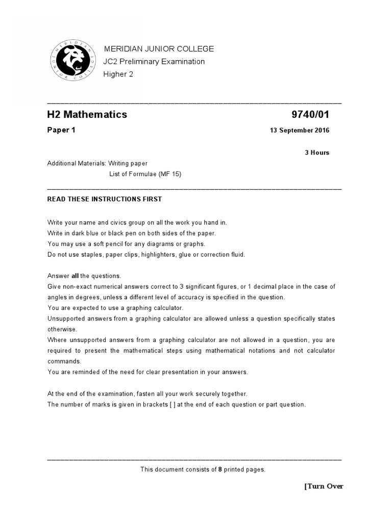 2016 MJC Prelim H2-Mathematics Paper-1 | PDF | Equations ...