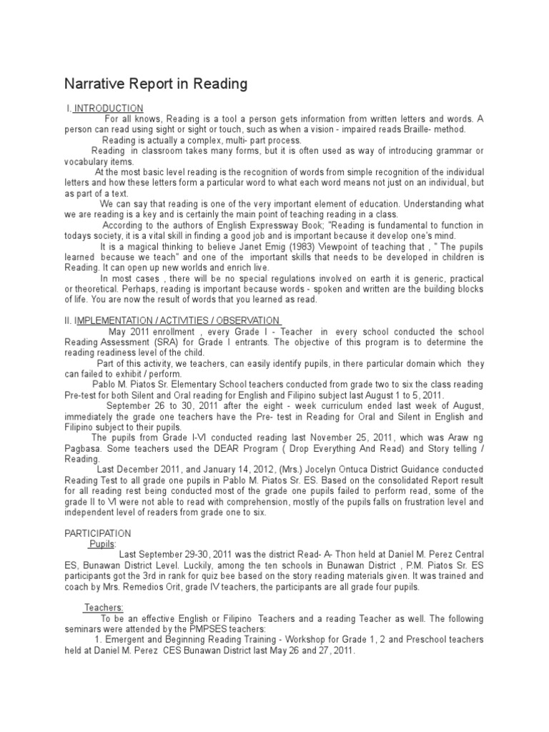 Narrative Report in Reading Reading (Process) Reading Comprehension