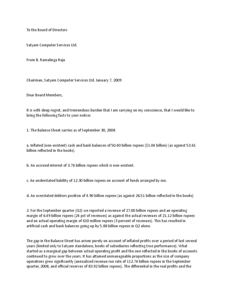 Ramalinga Raju Resignation Letter First In 10 Yrs, No Foreign Bid To