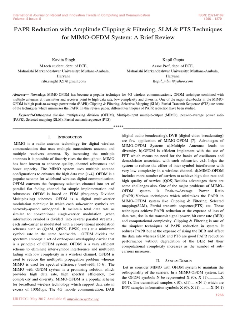 Papr Reduction With Amplitude Clipping Filtering Slm Pts Techniques For Mimo Ofdm System A Brief Review Pdf Orthogonal Frequency Division Multiplexing Modulation