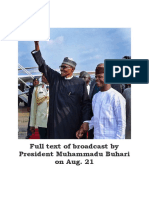 Full Text of Broadcast by Nigeria President Muhammadu Buhari On Aug
