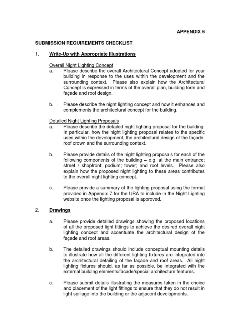 Night Lighting Submission Checklist | PDF | Lighting | Concept
