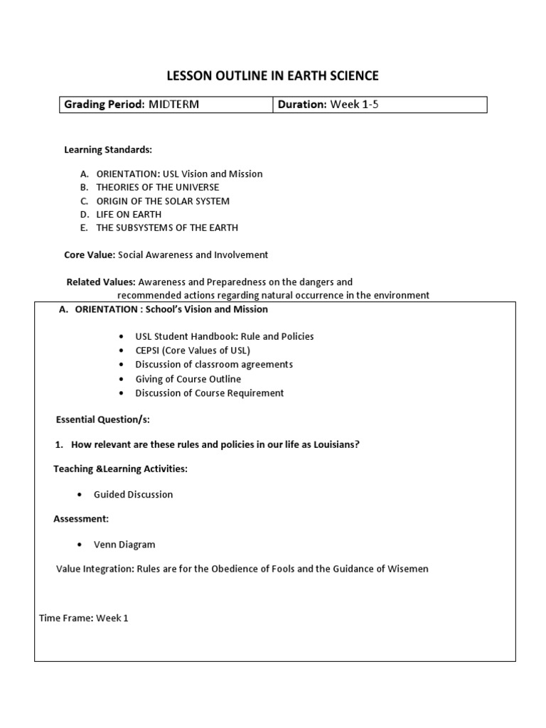 Lesson Outline in Earth Science | PDF | System | Educational Assessment