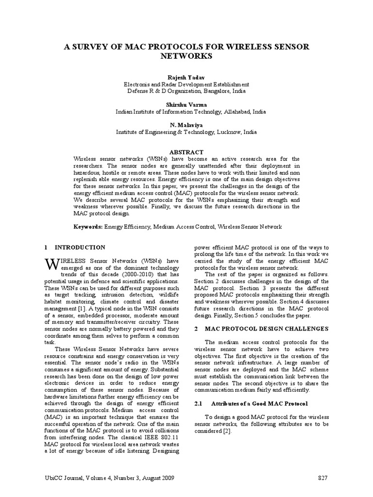 A Survey of Mac Protocols For Wireless Sensor Networks: Rajesh Yadav | PDF