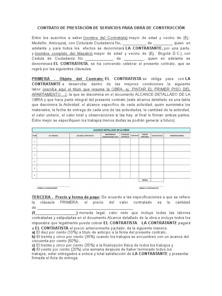 Contrato de Prestación de Servicios para Obra de Construcción Gobierno