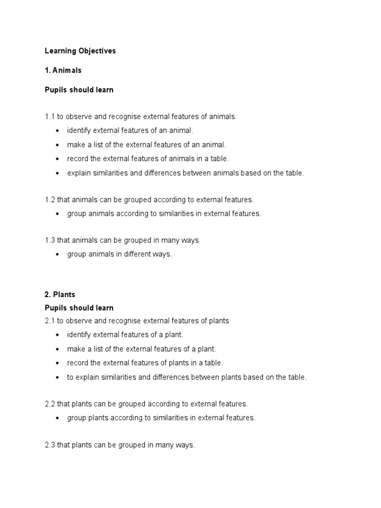 Learning Objectives 1. Animals Pupils Should Learn | PDF | Chemical ...