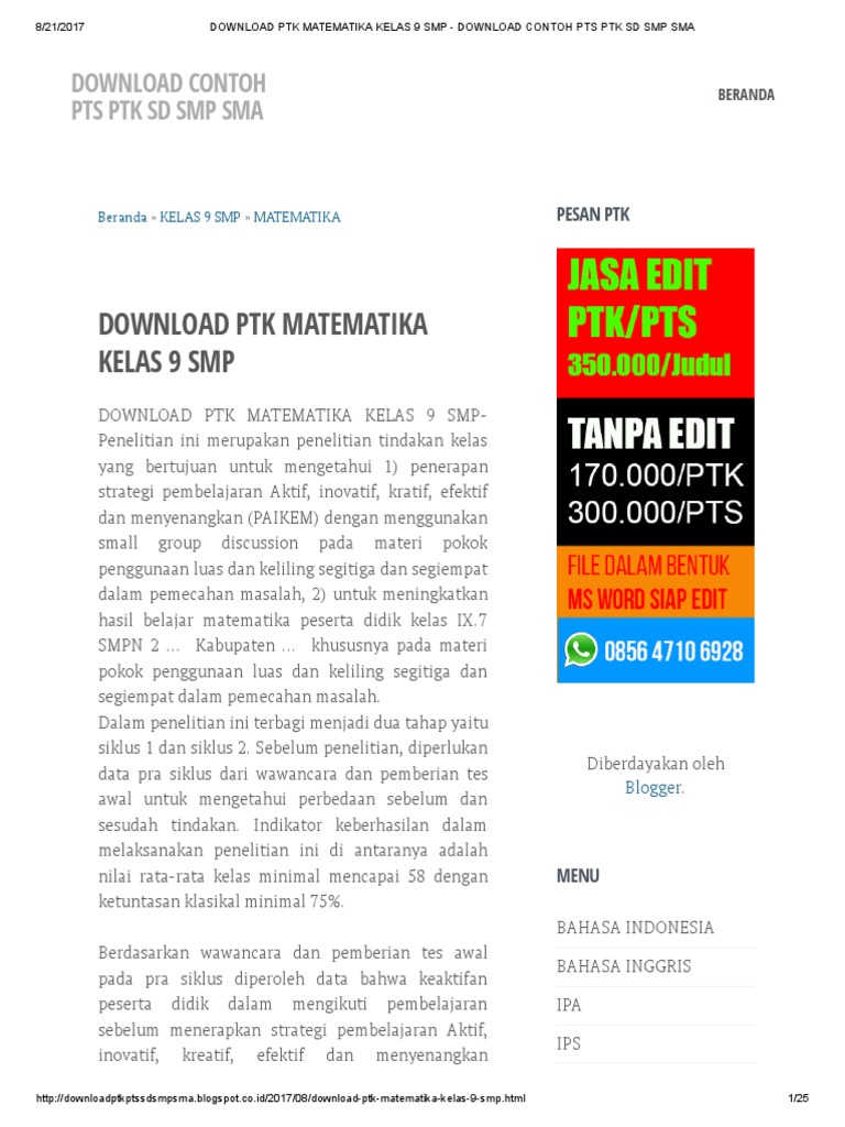 Ptk Matematika Kelas 9 Smp