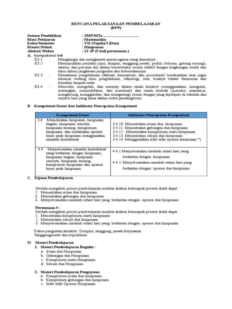 RPP Himpunan Kelas 7 SMP | PDF