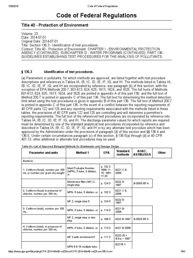 Code of Federal Regulations Title 40 ­ Protection of Environment