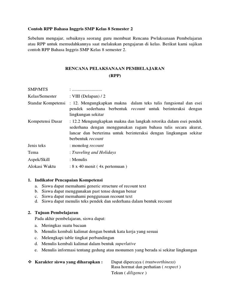 Contoh RPP Bahasa Inggris Kelas 8 Sem 2 | PDF