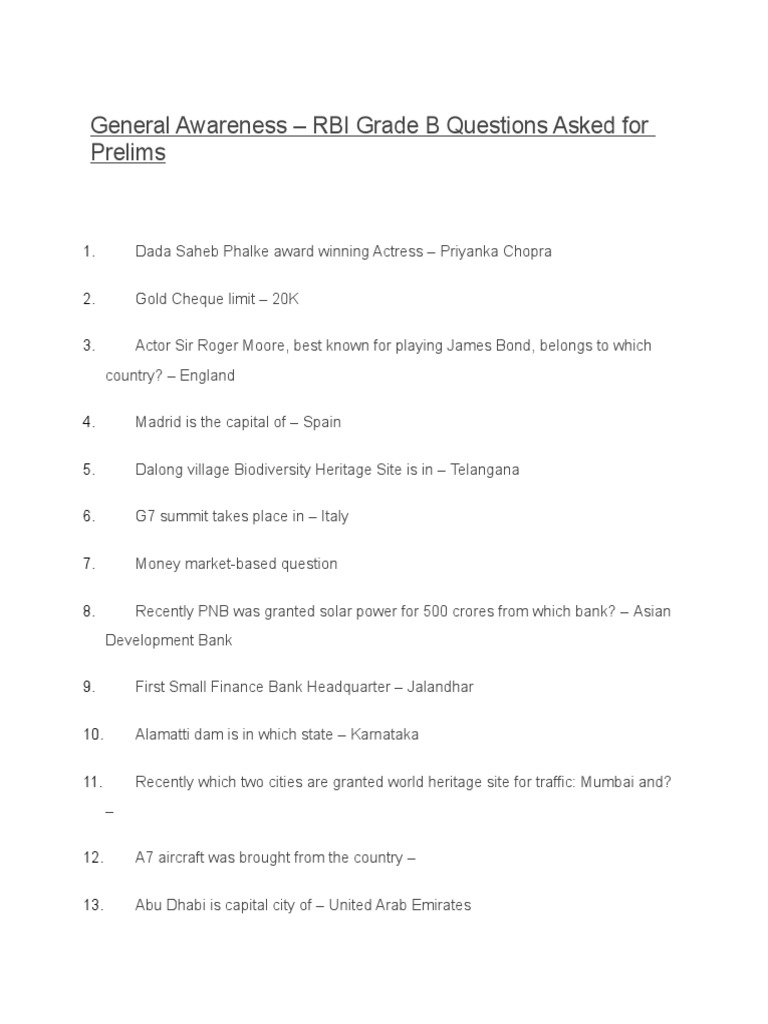 RBI Grade B Prelims Question Overview | PDF | Derivative (Finance ...