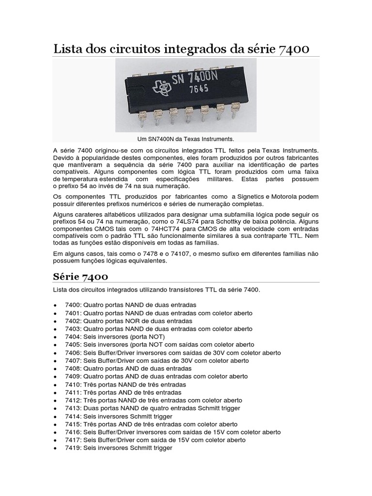 Lista Dos Circuitos Integrados Da Série 7400 | PDF | Circuitos ...