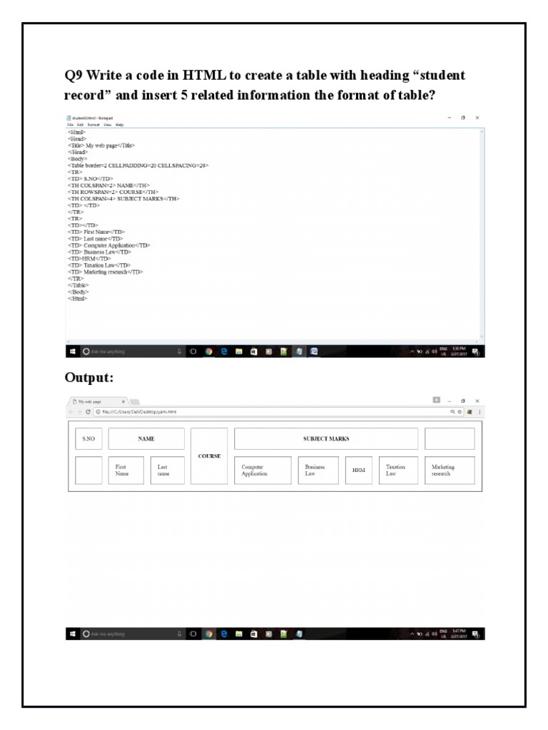 Q9 Write A Code in HTML To Create A Table With Heading 
