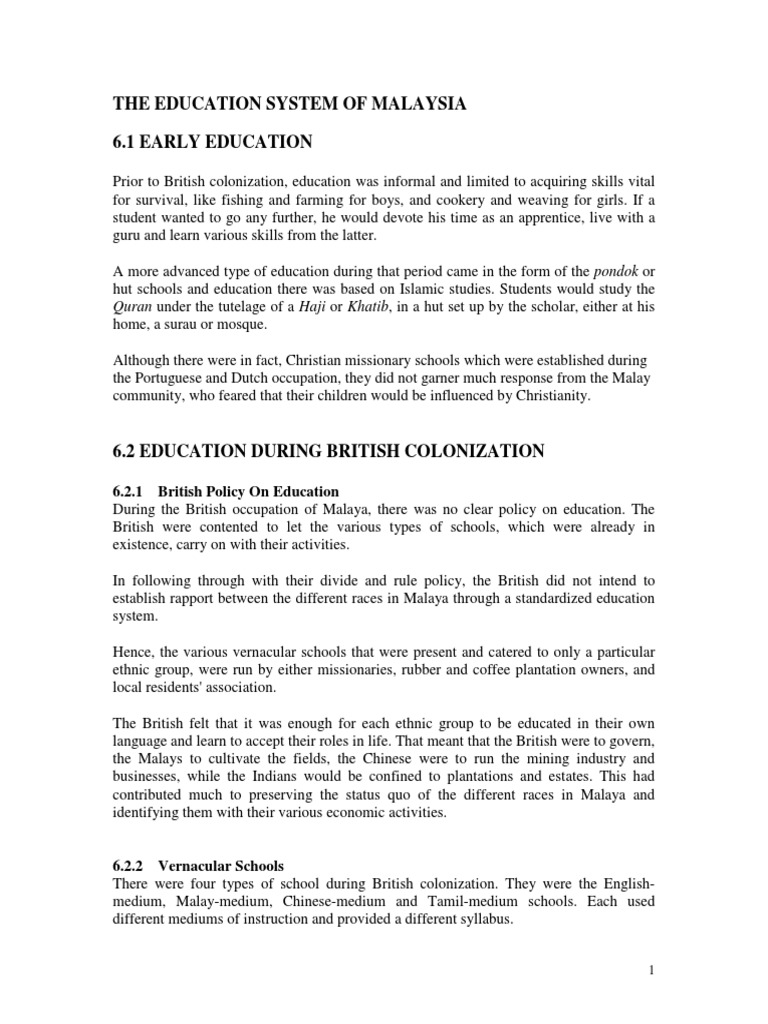 The Education System of Malaysia 6.1 Early Education | PDF | Malaysia ...