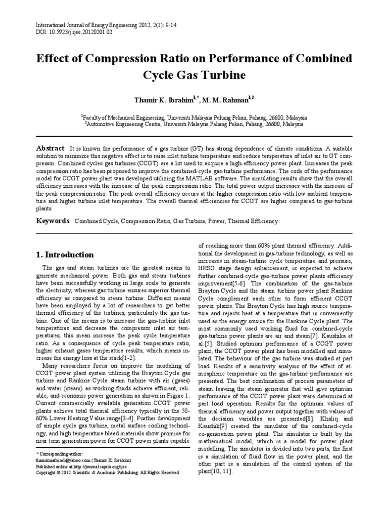 Effect of Compression Ratio On Performance of Combined Cycle Gas ...
