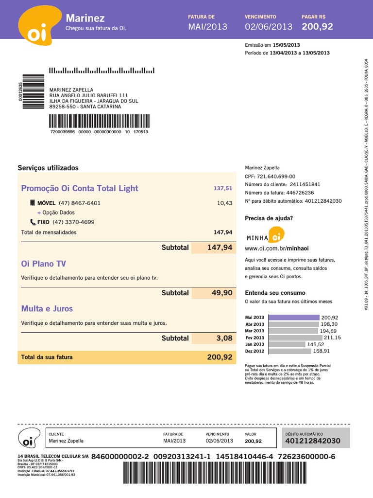 Fatura Oi - Maio 2013 | PDF | Telecomunicações | Empresas de serviços
