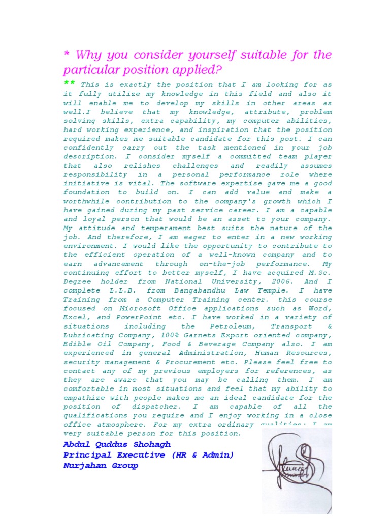 Why You Consider Yourself Suitable for the Particular Position Applied