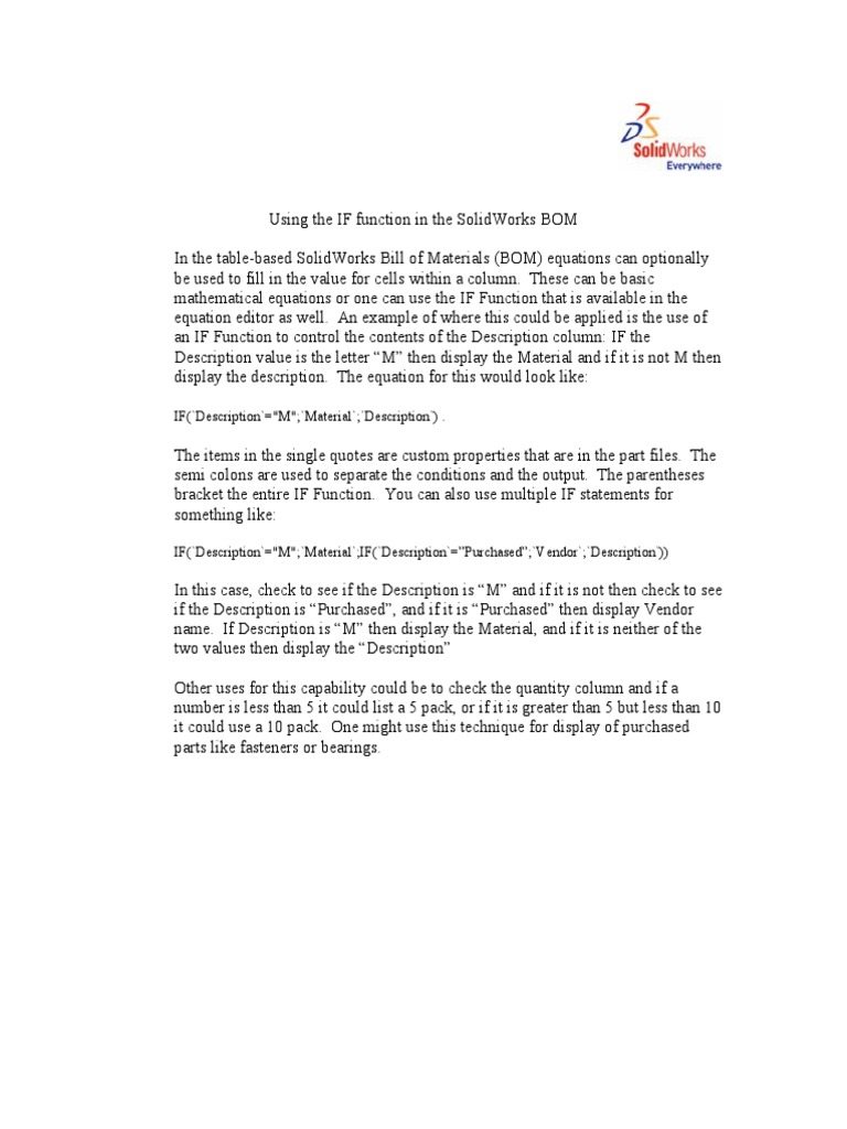 Using IF Function in SolidWorks BOM | PDF